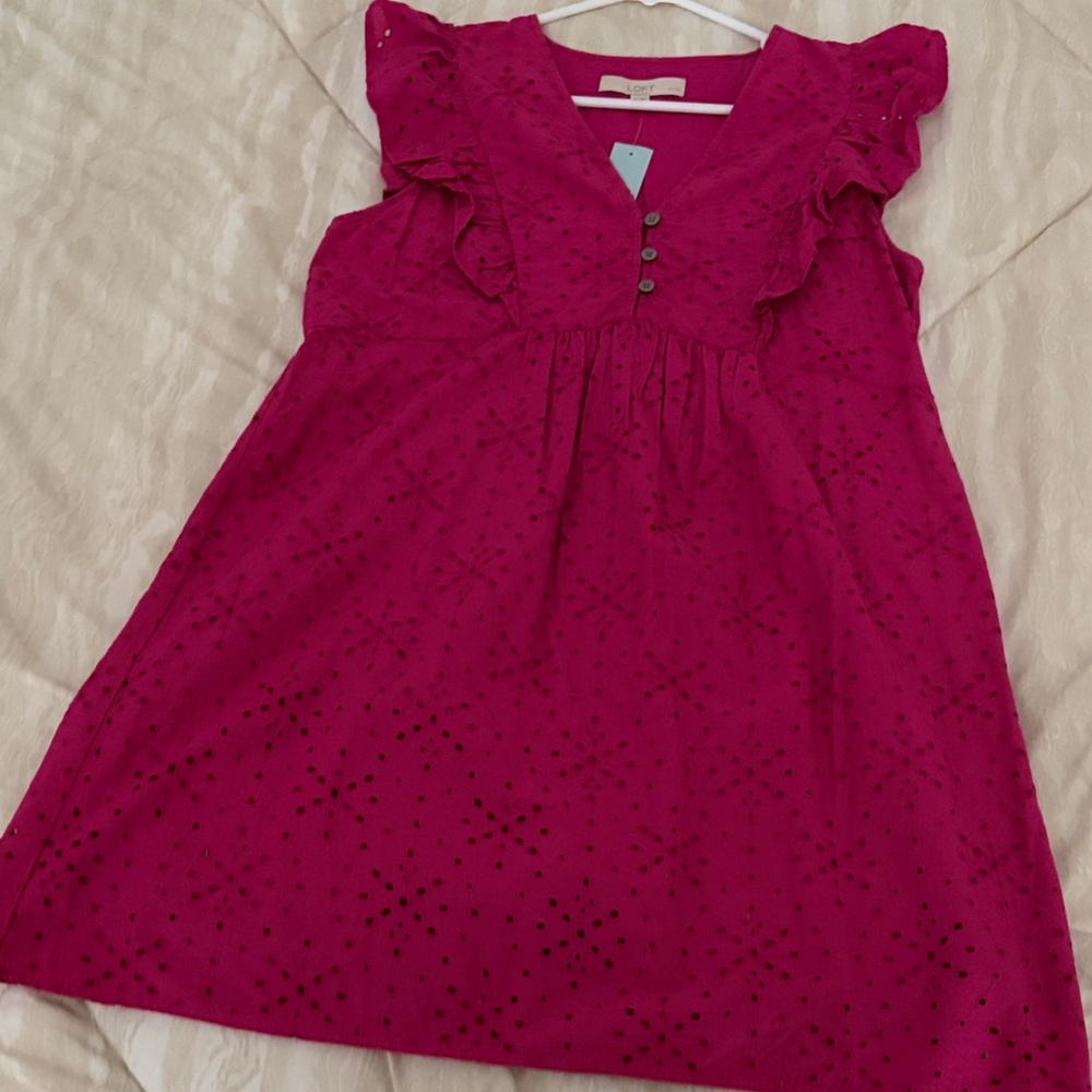LOFT Fuchsia Eyelet Ruffle Sleeve Dress
